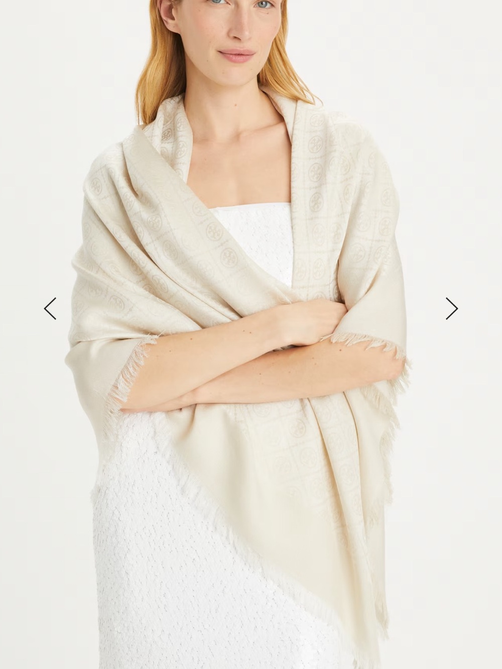 Tory Burch Cream Logo Jacquard Fringe Scarf